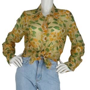 70s Vintage Vivid Orange Floral Flower Print Sheer Boho Festival Blouse Shirt
